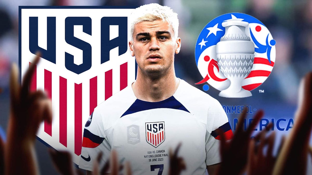 Gio Reyna in front of the USMNT and Copa America logos