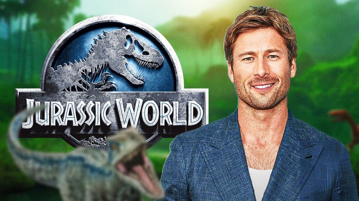Jurassic World logo with Glen Powell.
