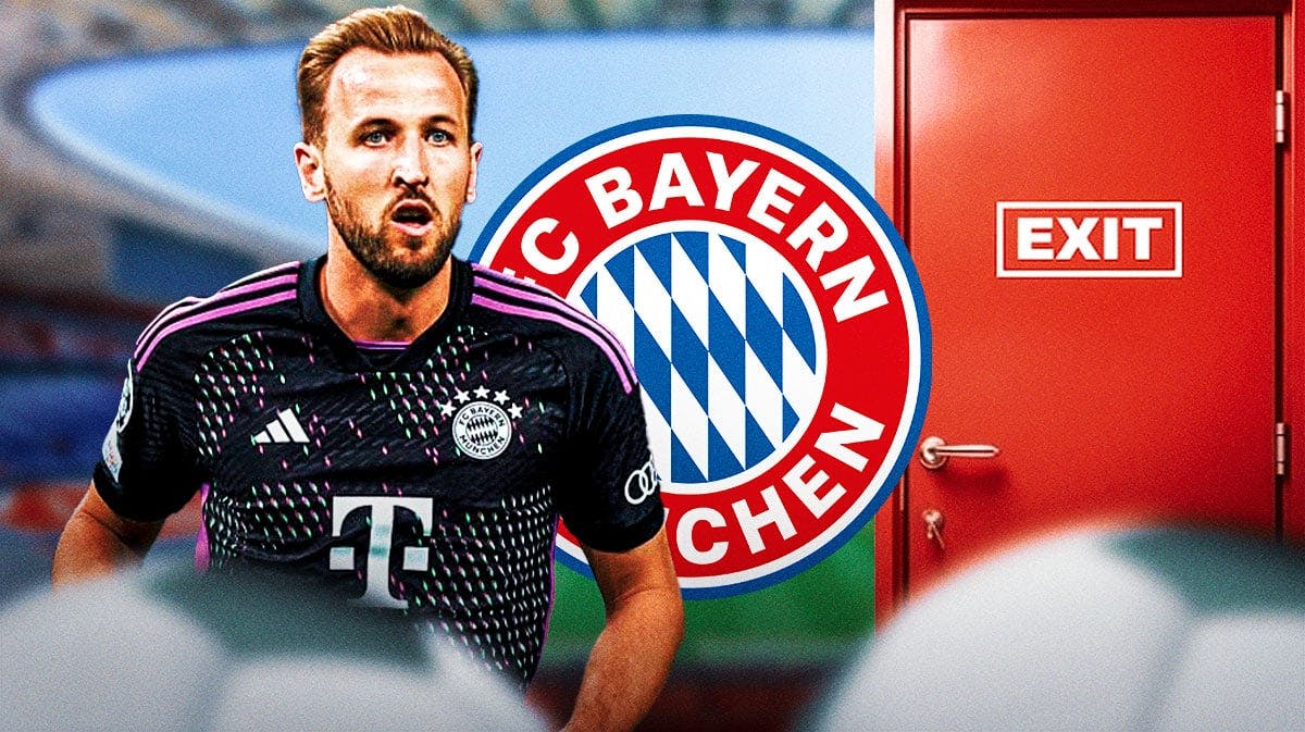 Harry Kane in front of the bayern Munich logo, an exit door next to him