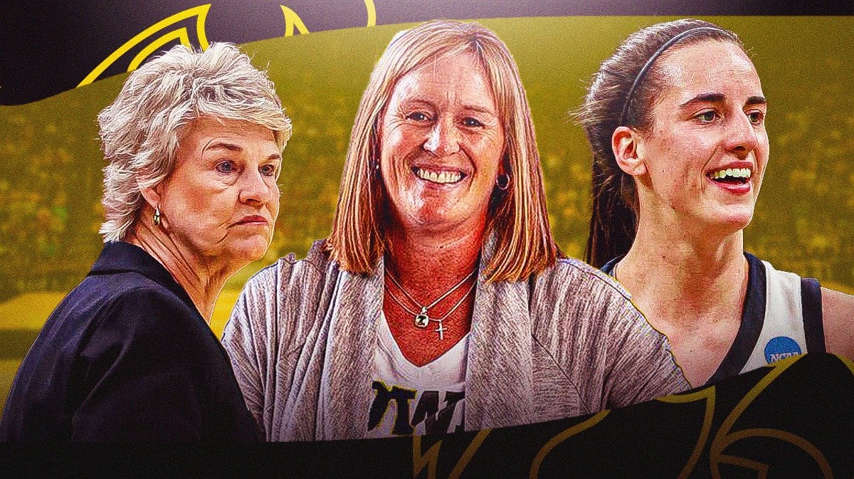 Former Iowa women's basketball assistant coach Jenni Fitzgerald, with former Iowa women's basketball coach Lisa Bluder and Caitlin Clark (Caitlin Clark in a Iowa Hawkeyes jersey for this image)