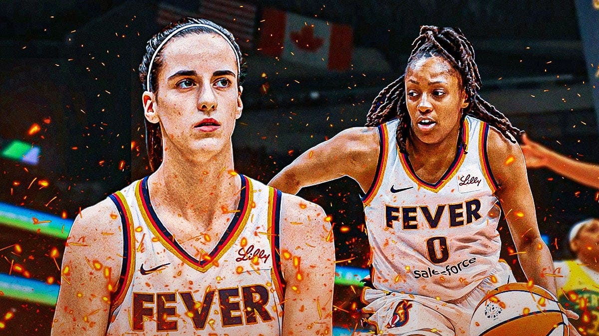 Caitlin Clark and Kelsey Mitchell wearing fever jersey on either side of the graphic shooting with fire around them