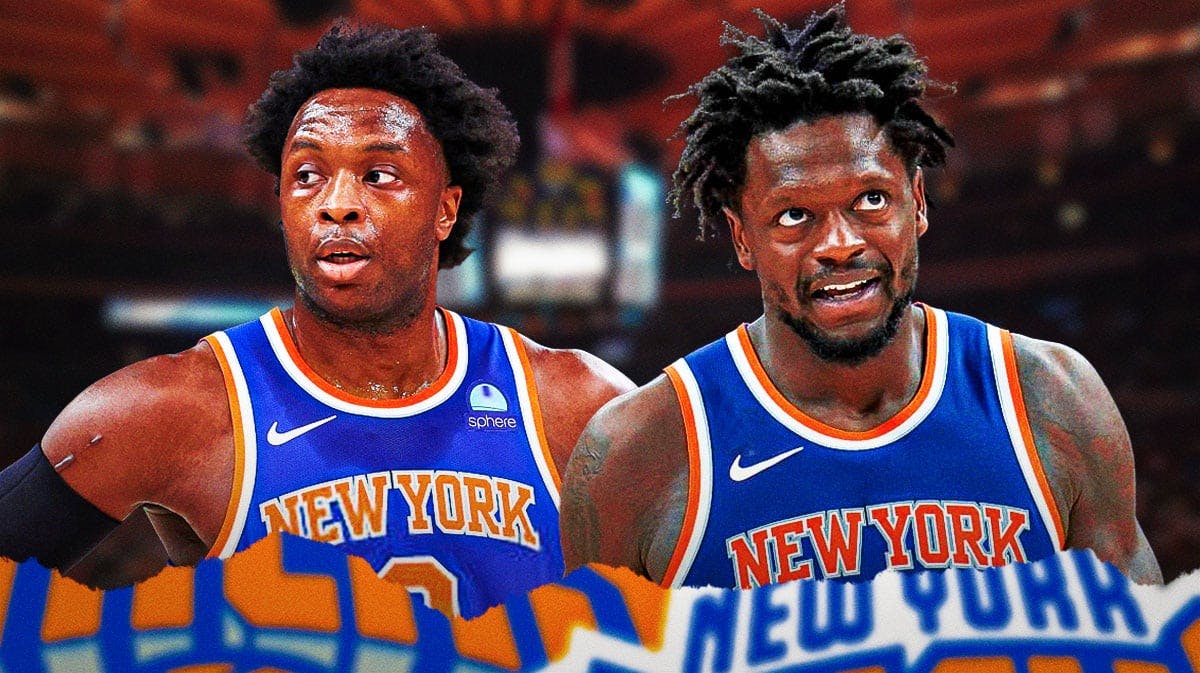 OG Anunoby and Julius Randle with Madison Square Garden in background