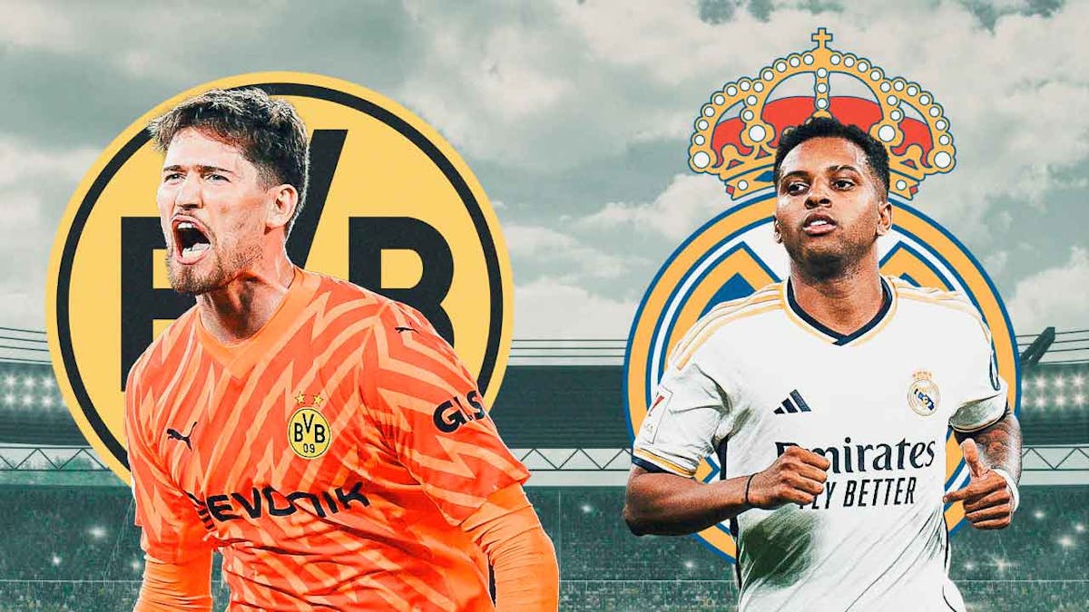 Gregor Kobel on one side with Dortmund logo in front. On other side is Rodrygo with Real Madrid logo in front.