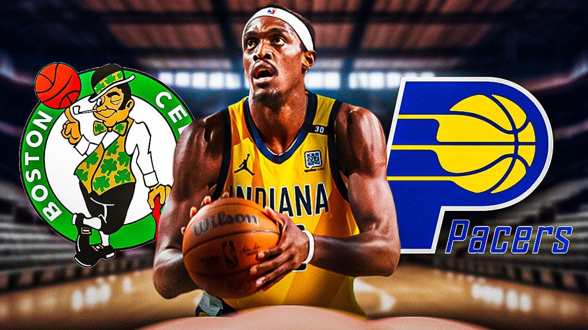Indiana Pacers players Pascal Siakam and Celtics and Pacers logos