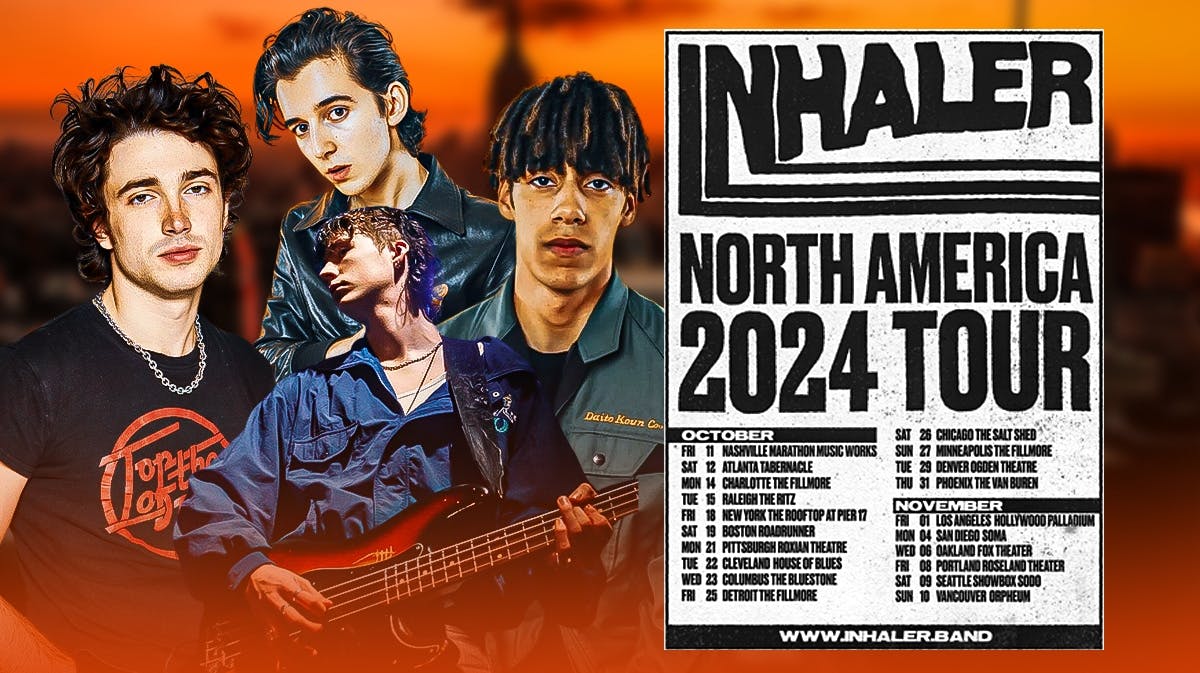 Inhaler members Elijah Hewson, Robert Keating, Josh Jenkinson, and Ryan McMahon with 2024 North America tour dates announcement and New York City background.