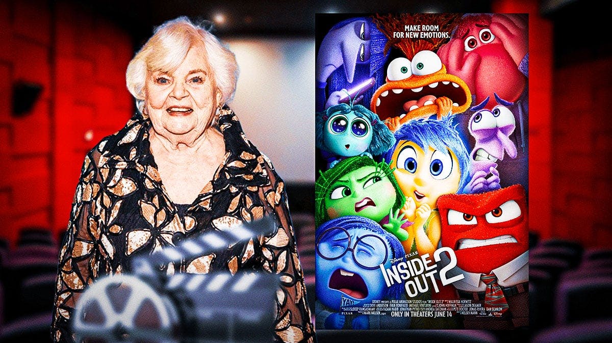 June Squibb next to a poster for Inside Out 2