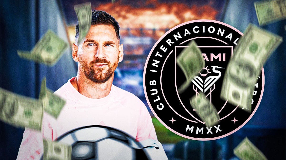 Lionel Messi smiling in front of the Inter Miami logo, money falling from the air around him