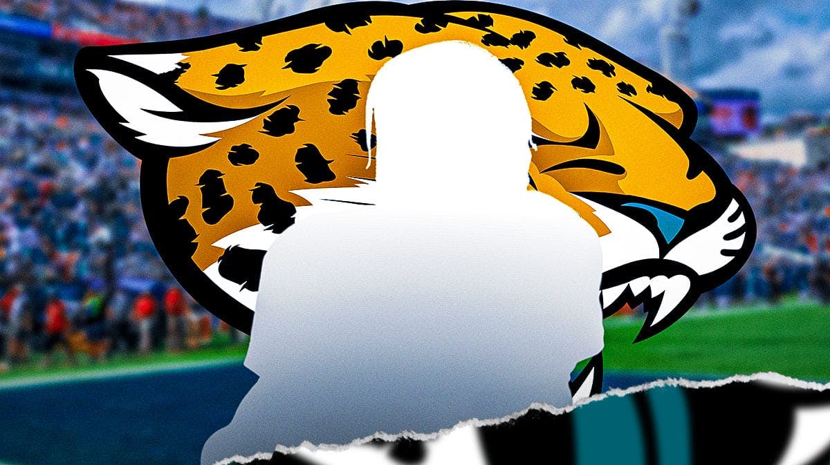 Jaguars logo with a silhouette of a player in front of it.