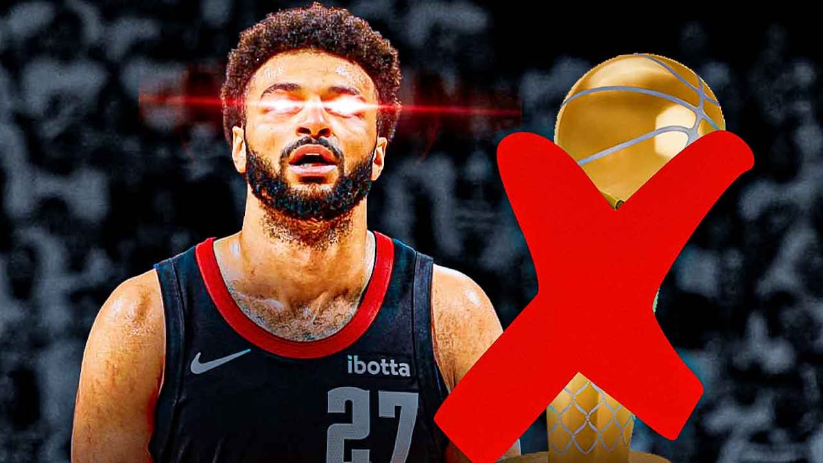 Jamal Murray with red/laser eyes. Next to him have the NBA finals/championship trophy with a giant X over it.