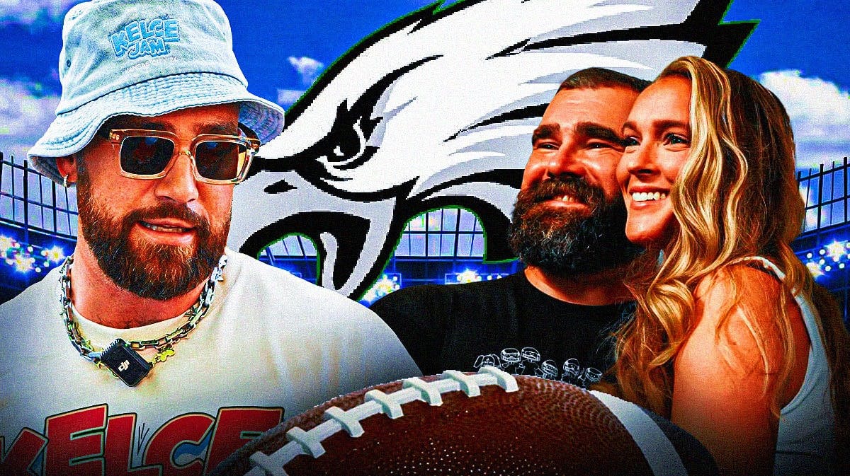 Former Philadelphia Eagles center Jason Kelce with wife Kylie Kelce. Next to them is Kansas City Chiefs tight end Travis Kelce. There is also a logo for the Philadelphia Eagles.