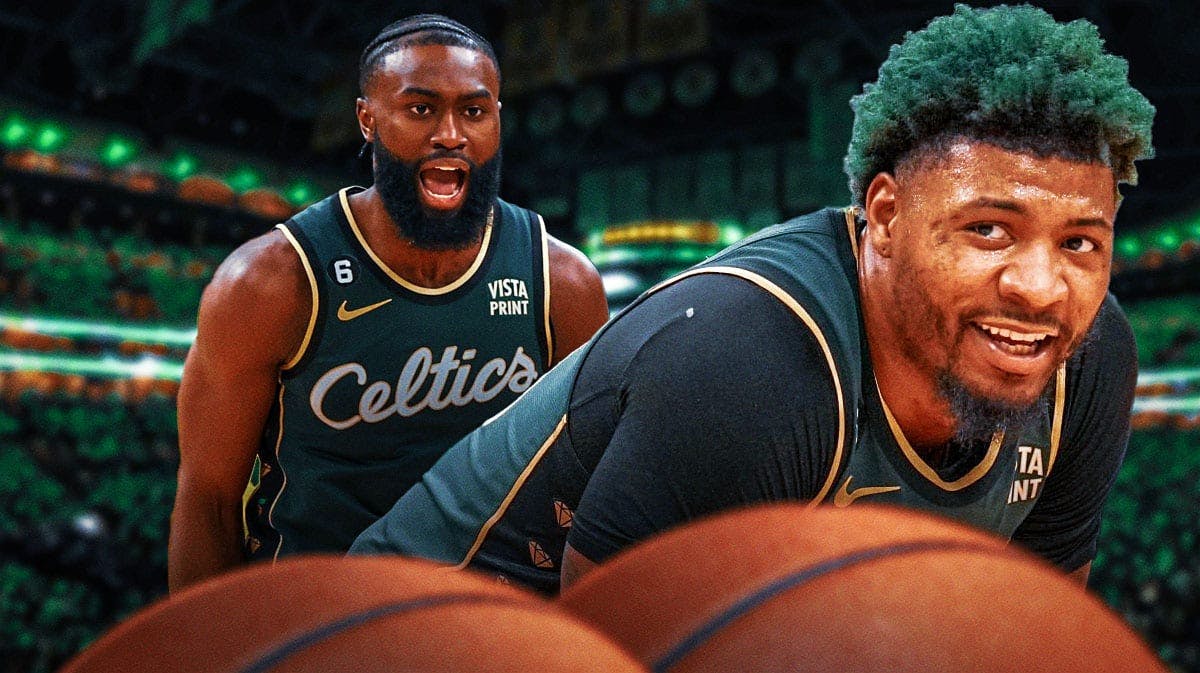 Marcus Smart smiling in a celtics jersey (can be an old photo) next to Jaylen Brown looking hyped on a Boston/generic Celtics background