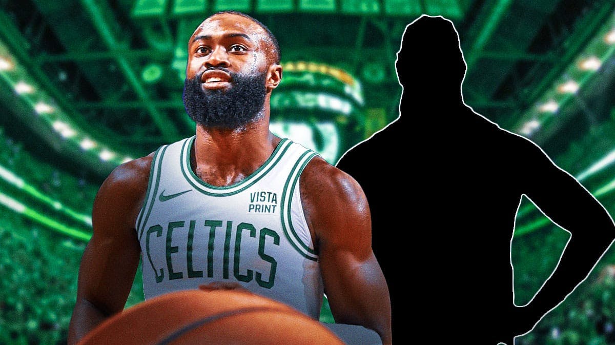Jaylen Brown smiling next to a silhouette of Jrue Holiday. can be on a Boston city background or a generic Celtics background