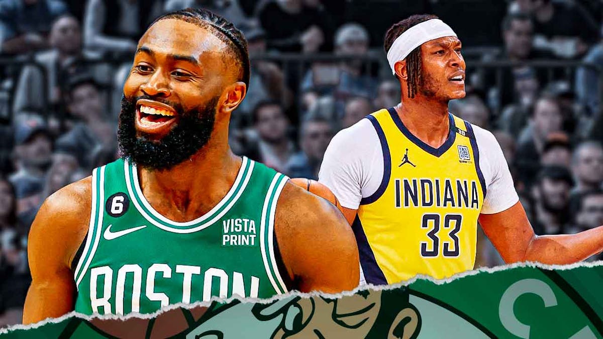 Jaylen Brown looking happy next to a annoyed Myles Turner on a basketball court background