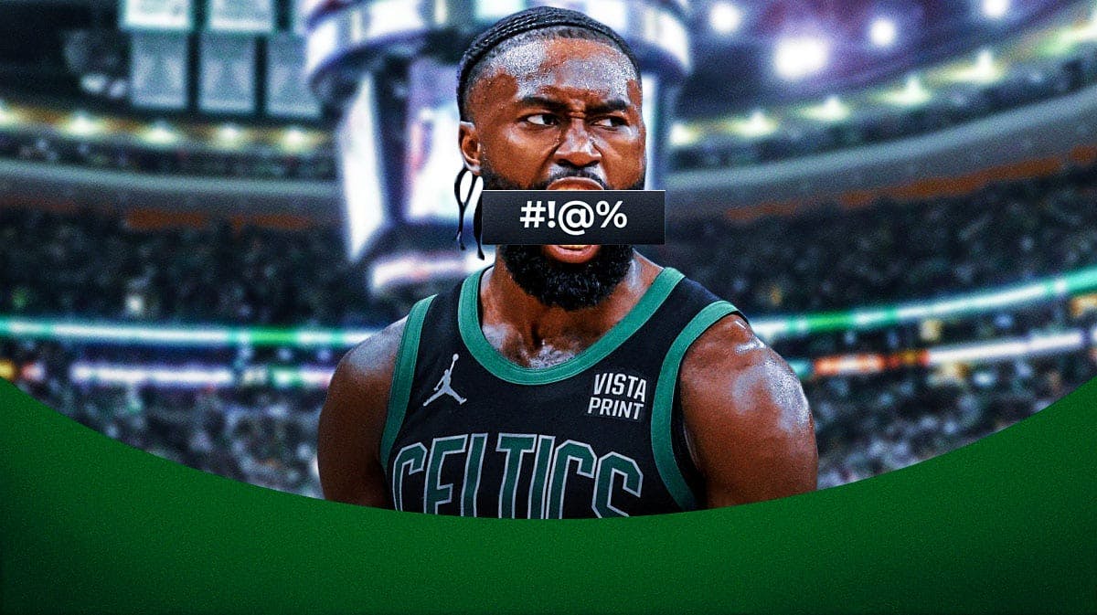 Jaylen Brown looking hyped or angry with a censor bar over his mouth on a TD Garden background