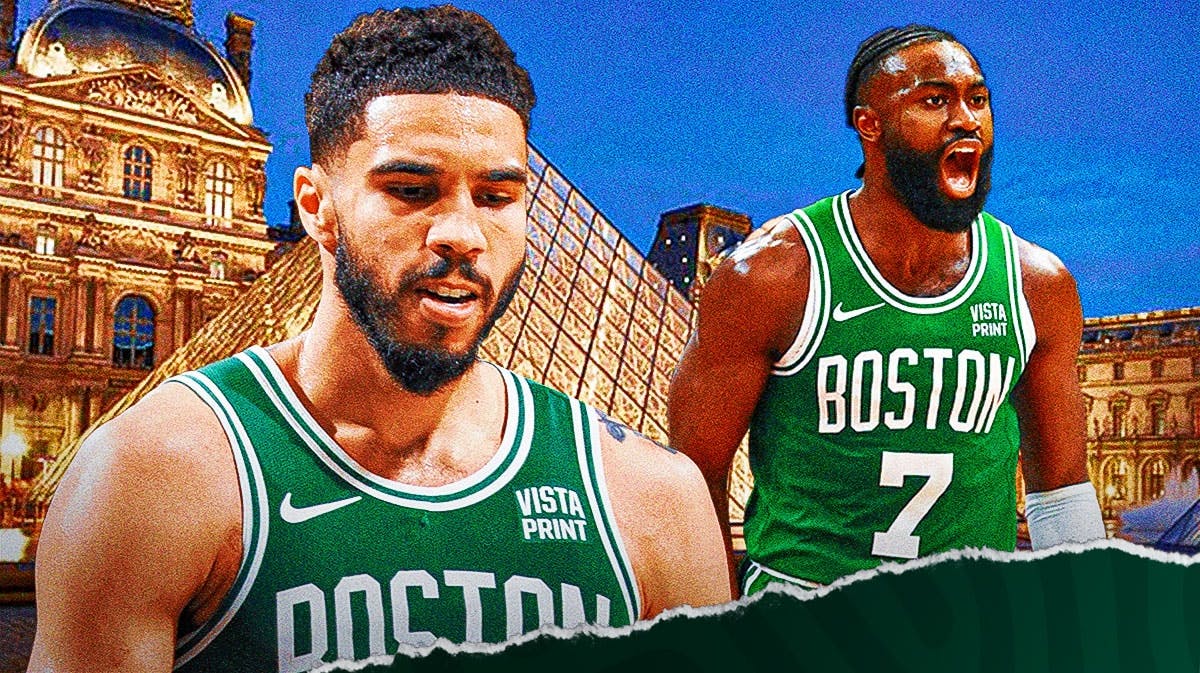 Jayson Tatum and Jaylen Brown in front of the Louvre Museum