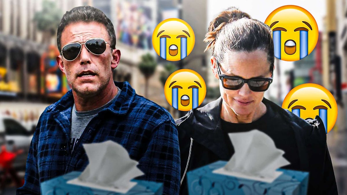 Jennifer Garner with a box of tissues and a crying emoji face, alongside Ben Affleck