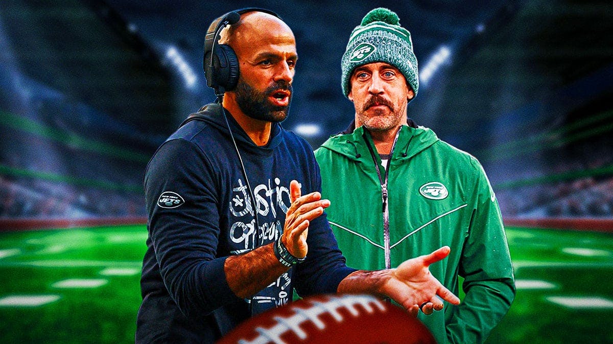 Aaron Rodgers of the Jets with head coach Robert Saleh