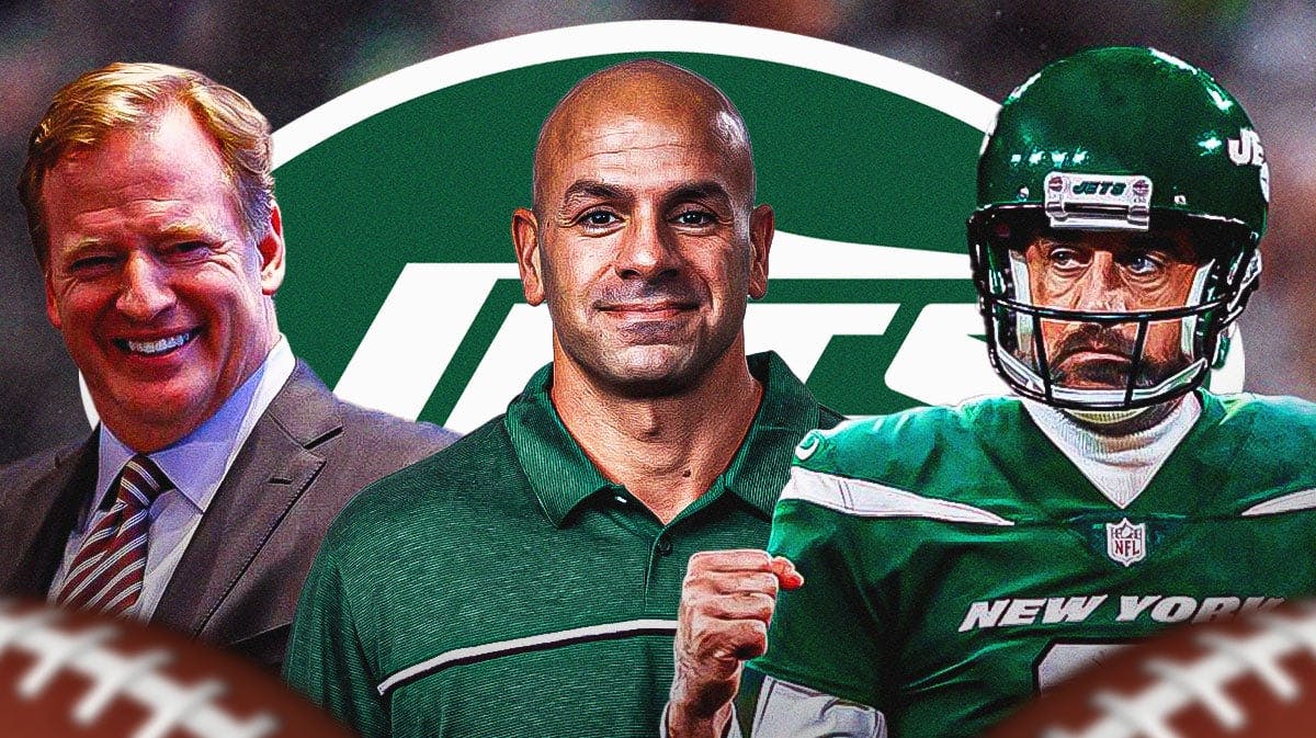 New York Jets QB Aaron Jets with head coach Robert Saleh and NFL Commissioner Roger Goodell. There is also a logo for the New York Jets.