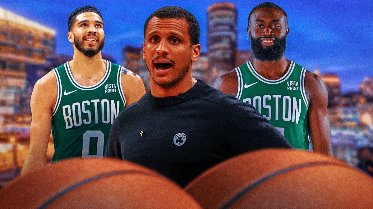 Celtics Joe Mazzulla looking angry while Jayson Tatum, Jaylen Brown smile