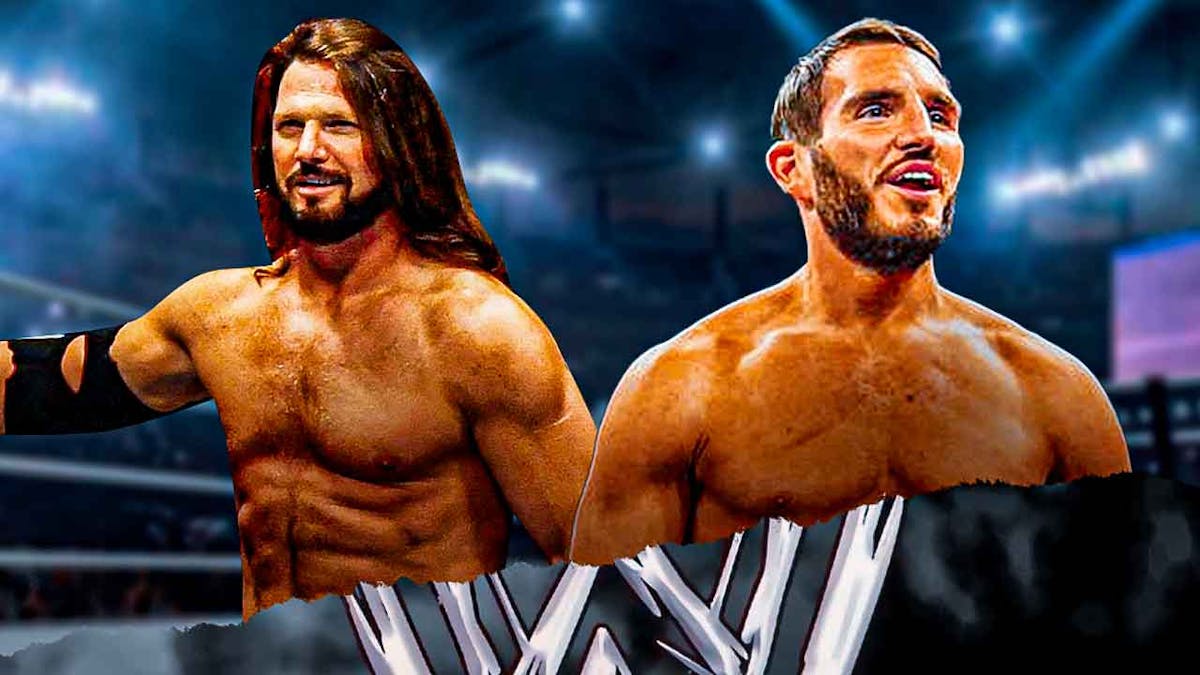 Johnny Gargano next to AJ Styles in a WWE ring with the WWE logo as the background.