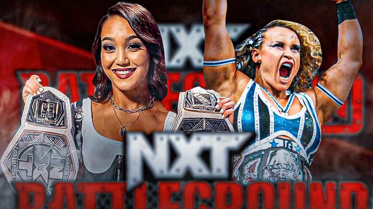 Jordynne Grace with the TNA Championship next to Roxanne Perez with the NXT Women's Championship with the NXT Battleground logo as the background.