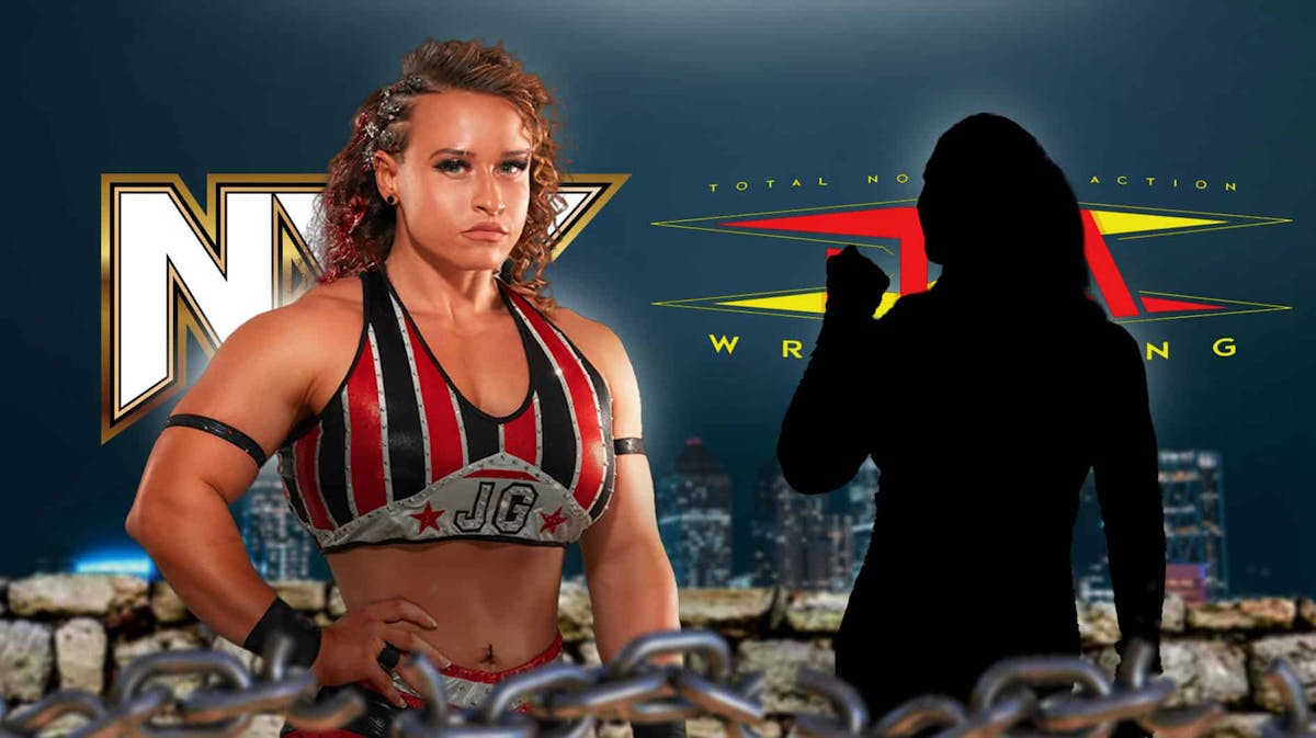 Jordynne Grace next to the blacked-out silhouette of Natalya with the NXT and TNA logos as the background.