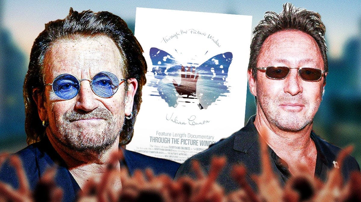 U2 singer Bono and Julian Lennon with Through the Picture Window poster.