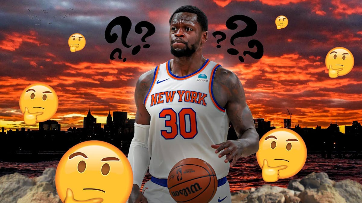 Knicks' Julius Randle looking serious, with question marks and thinking emojis all over him