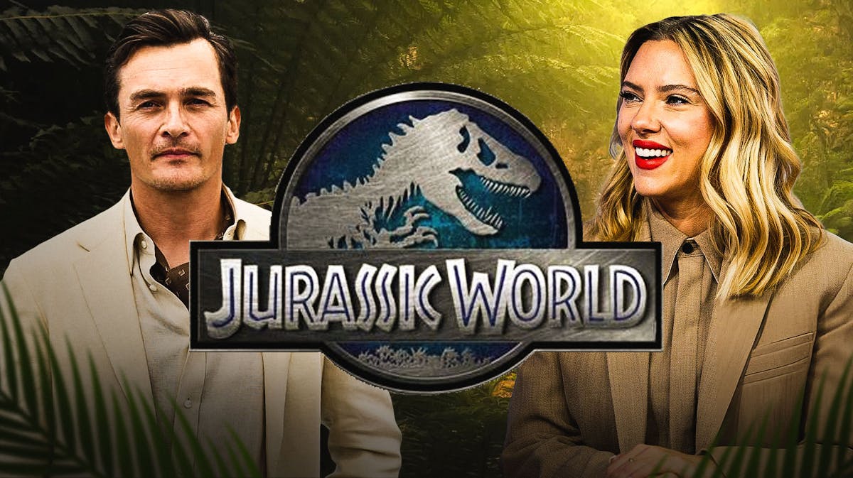 Jurassic World logo with Rupert Friend and Scarlett Johansson.