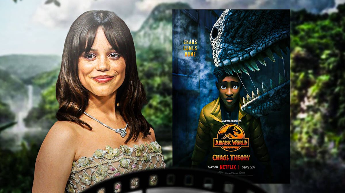 Jenna Ortega with Jurassic World: Chaos Theory poster and jungle background.