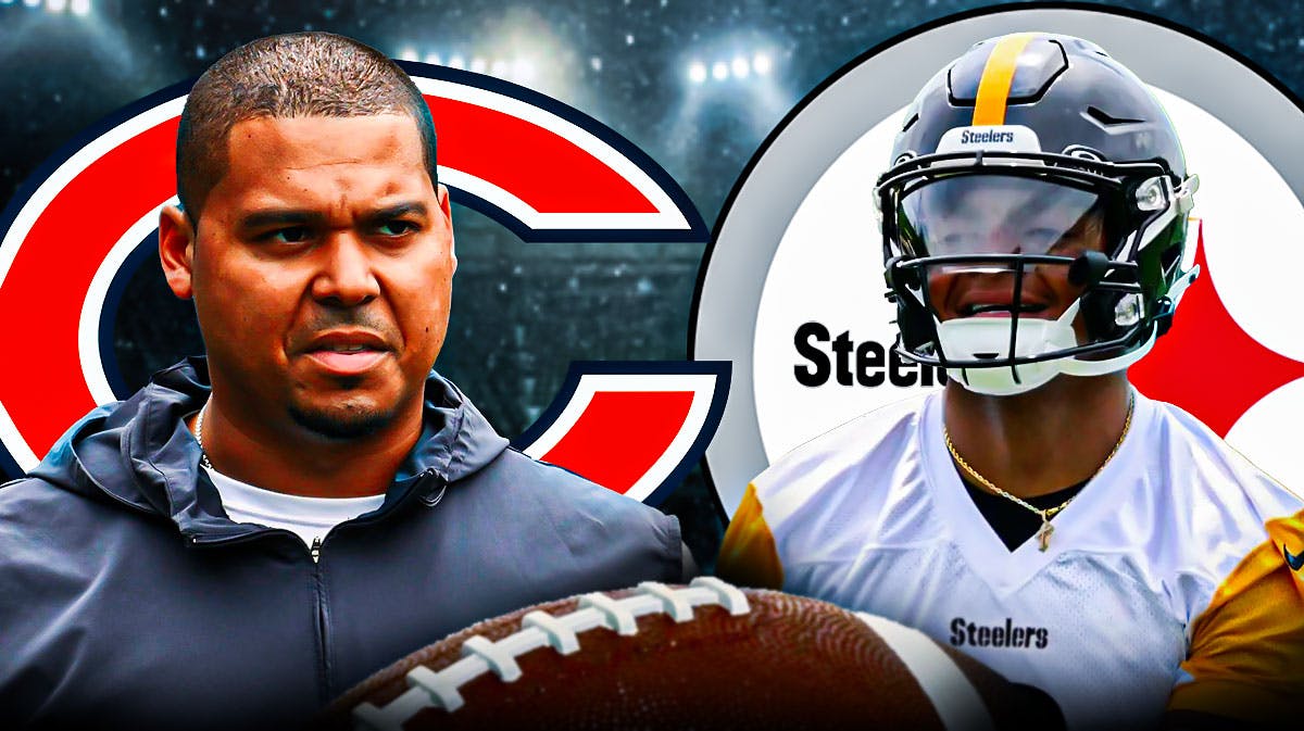 Chicago Bears GM Ryan Poles and a logo for the Chicago Bears are on one side of the picture. Pittsburgh Steelers QB Justin Fields and a logo for the Pittsburgh Steelers are on the other side.