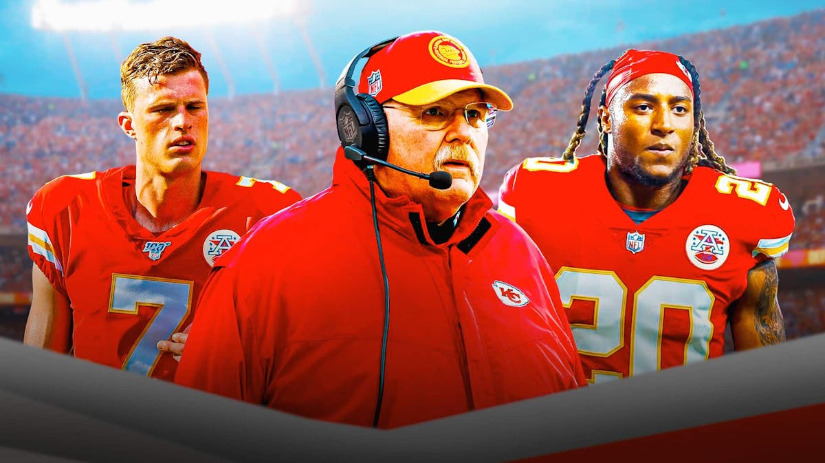 Dave Toub and Andy Reid Chiefs with Justin Reid and Harrison Butker