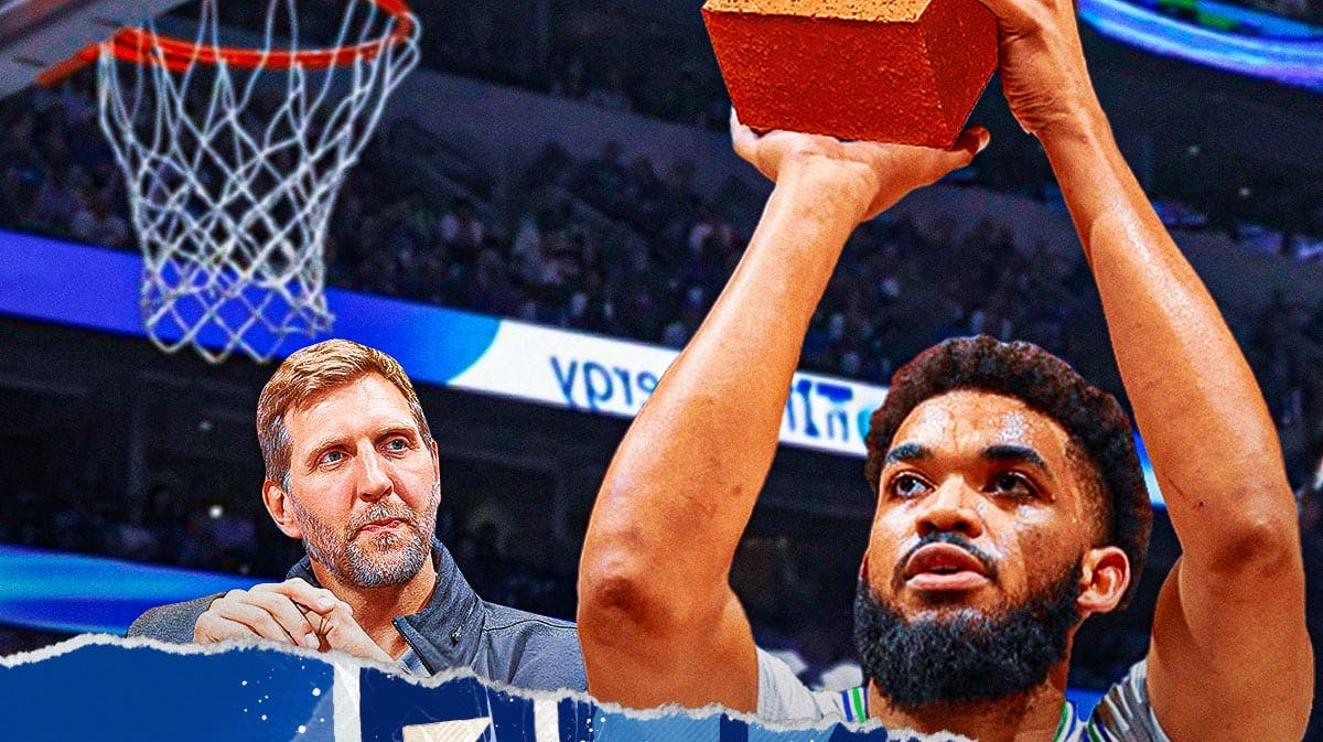 On left, Timberwolves' Karl-Anthony Towns shooting a basketball, replace the basketball with a brick. On right, place Dirk Nowitzki (2024 image) looking at Towns.