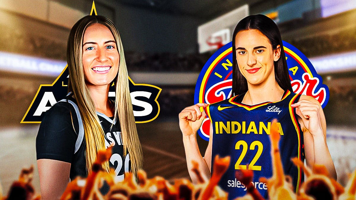 One one side of the image is Las Vegas Aces guard Kate Martin and a logo for the Las Vegas Aces. On the other side of the image is Indiana Fever guard Caitlin Clark and a logo for the Indiana Fever. In the middle of the image is a logo for the WNBA.