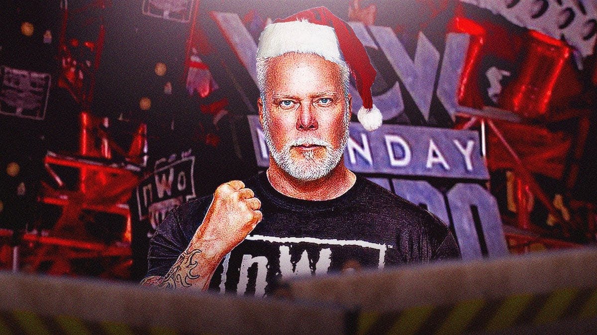 Kevin Nash wearing a Santa Claus hat with the 1997 WCW logo as the background.