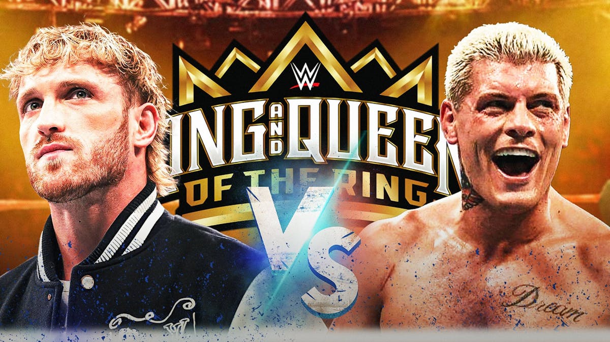 Logan Paul on the left, Cody Rhodes on the right with a Vs. symbol between them and the 2024 King and Queen of the Ring logo as the background.