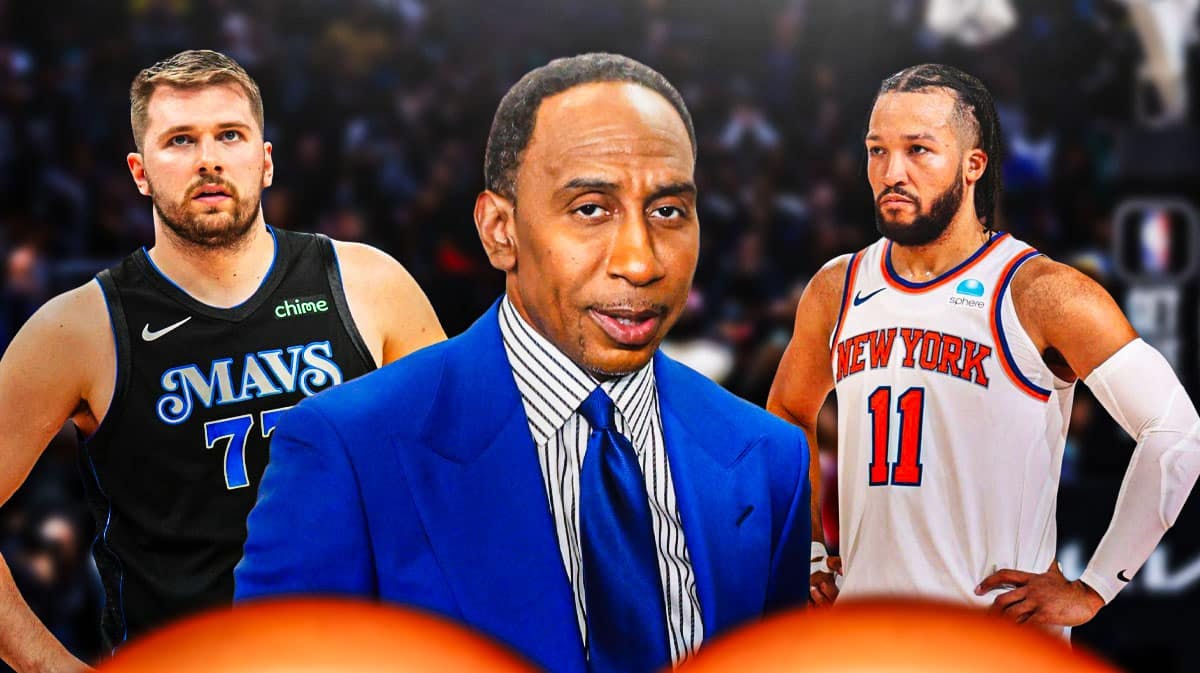 Stephen A Smith stands next to Knicks' Jalen Brunson, Luka Doncic after All-NBA announcement
