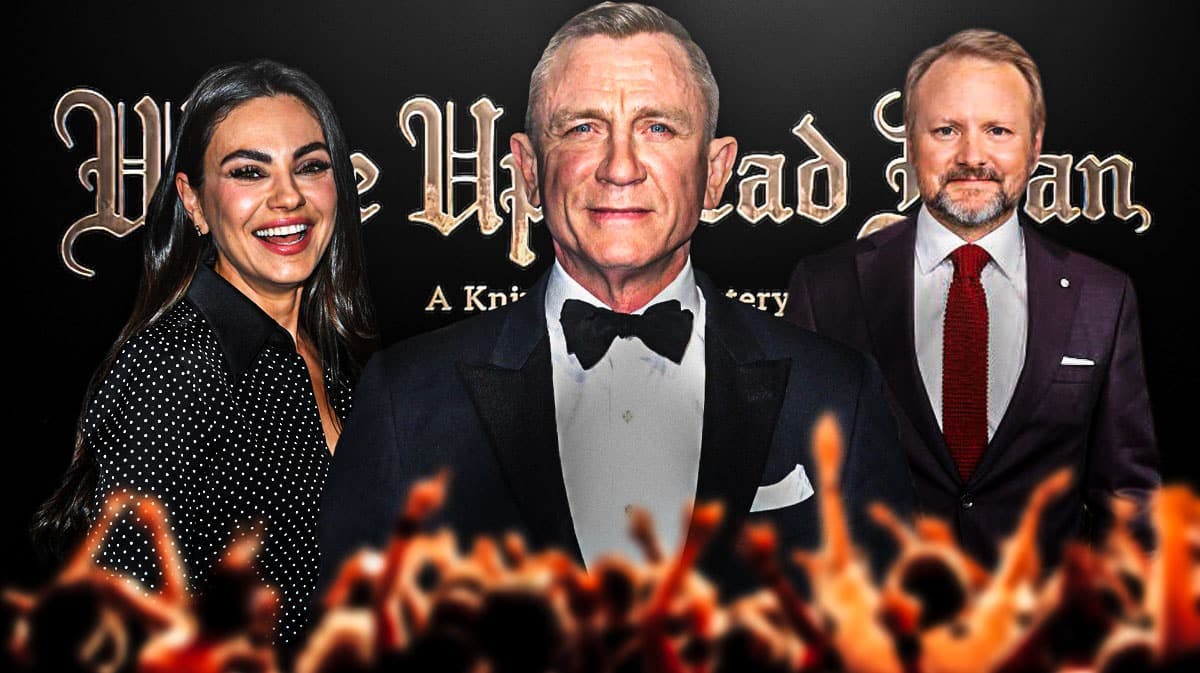 Knives Out 3 (Wake Up Dead Man) logo with Mila Kunis, Daniel Craig, and Rian Johnson.