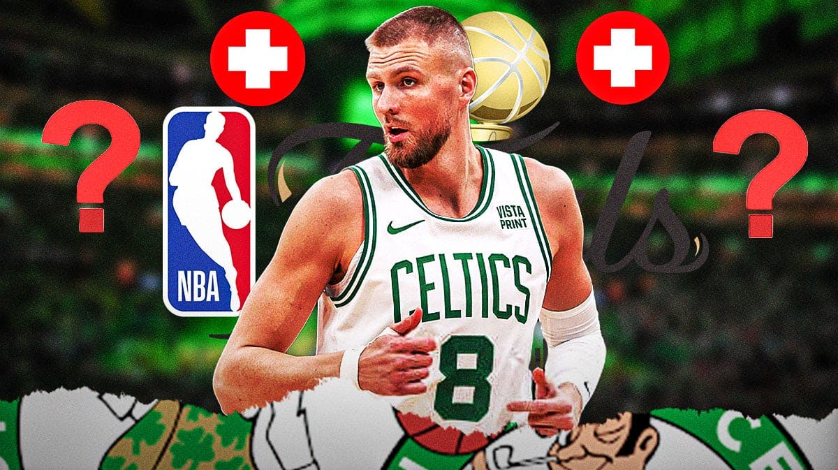 Celtics' Kristaps Porzingis with injury symbol, question marks, and NBA Finals logo