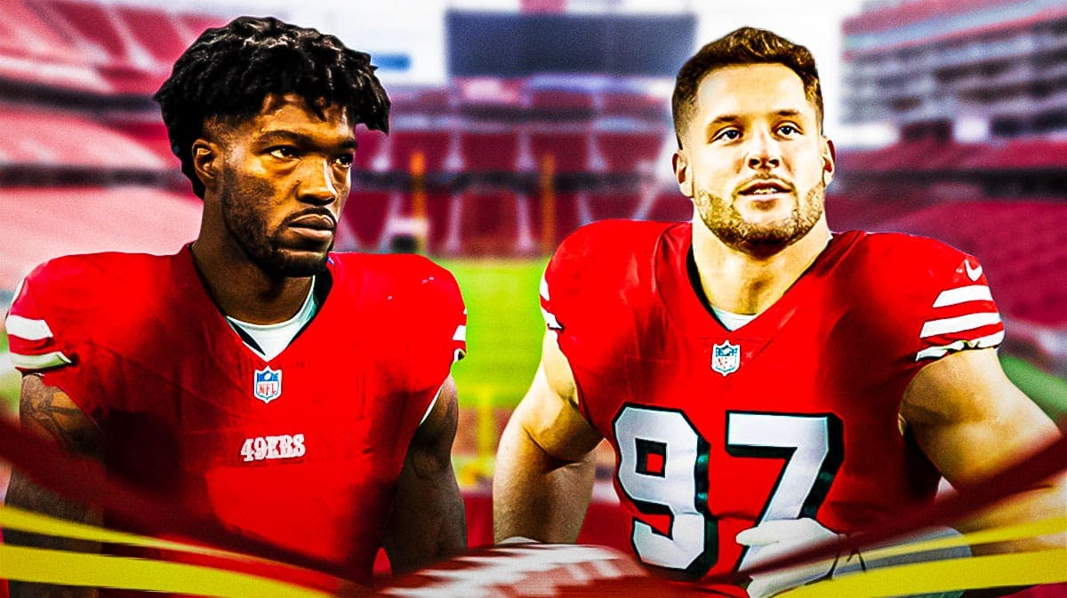 San Francisco 49ers defensive end Leonard Floyd with defensive end Nick Bosa and a logo for the San Francisco 49ers.