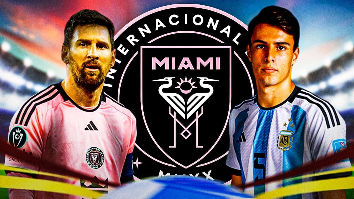 Lionel Messi and Federico Redondo in front of the Inter Miami logo