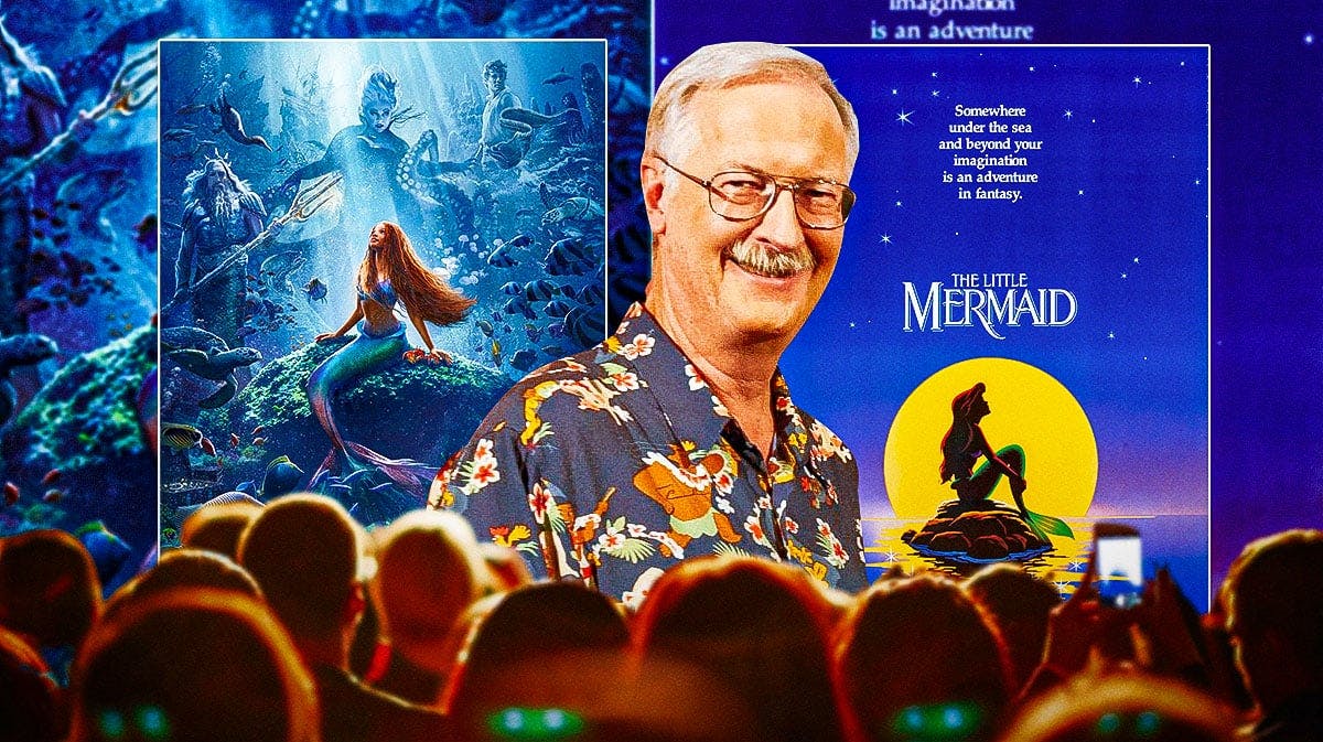 John Musker, co-director of The Little Mermaid, with animated movie poster and Disney live-action remake poster.