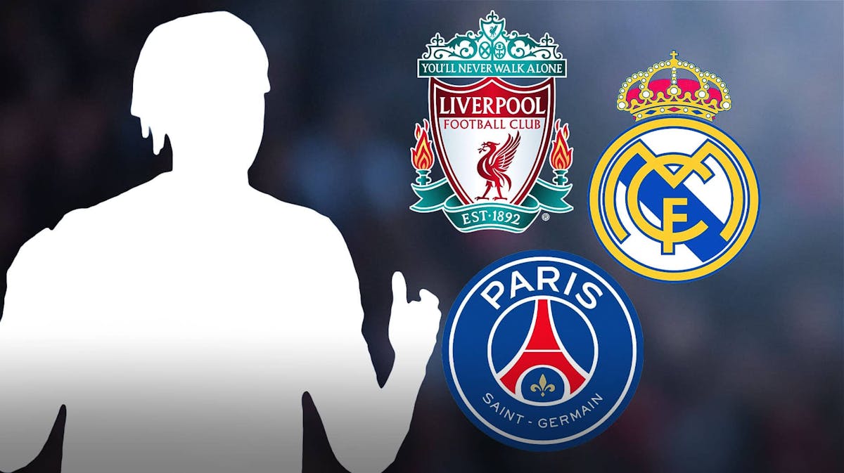 The silhouette of Leny Yoro in front of the Liverpool, Real Madrid, and PSG logos