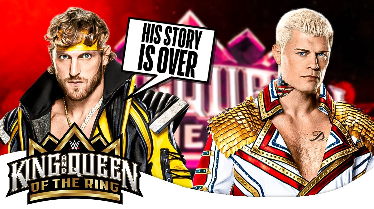 Logan Paul with a text bubble reading "His story is over" next to Cody Rhodes with the 2024 King and Queen of the Ring logo as the background.