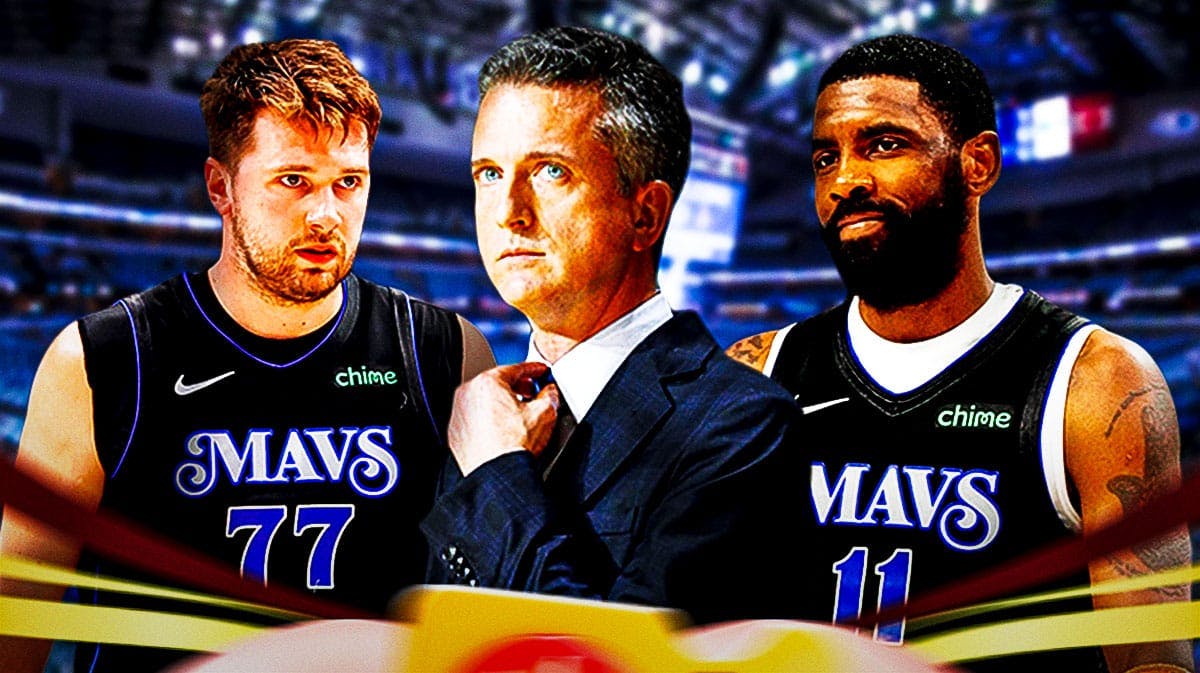 Dallas Mavericks stars Luka Doncic and Kyrie Irving next to Bill Simmons in front of American Airlines Center.