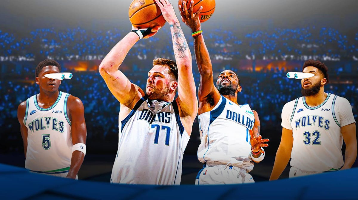 Mavericks' Luka Doncic and Mavericks' Kyrie Irving both shooting basketballs on the left side of image. Then have Timberwolves' Anthony Edwards and Timberwolves' Karl-Anthony Towns on the right side of image with eyes popping out looking at Doncic and Irving.