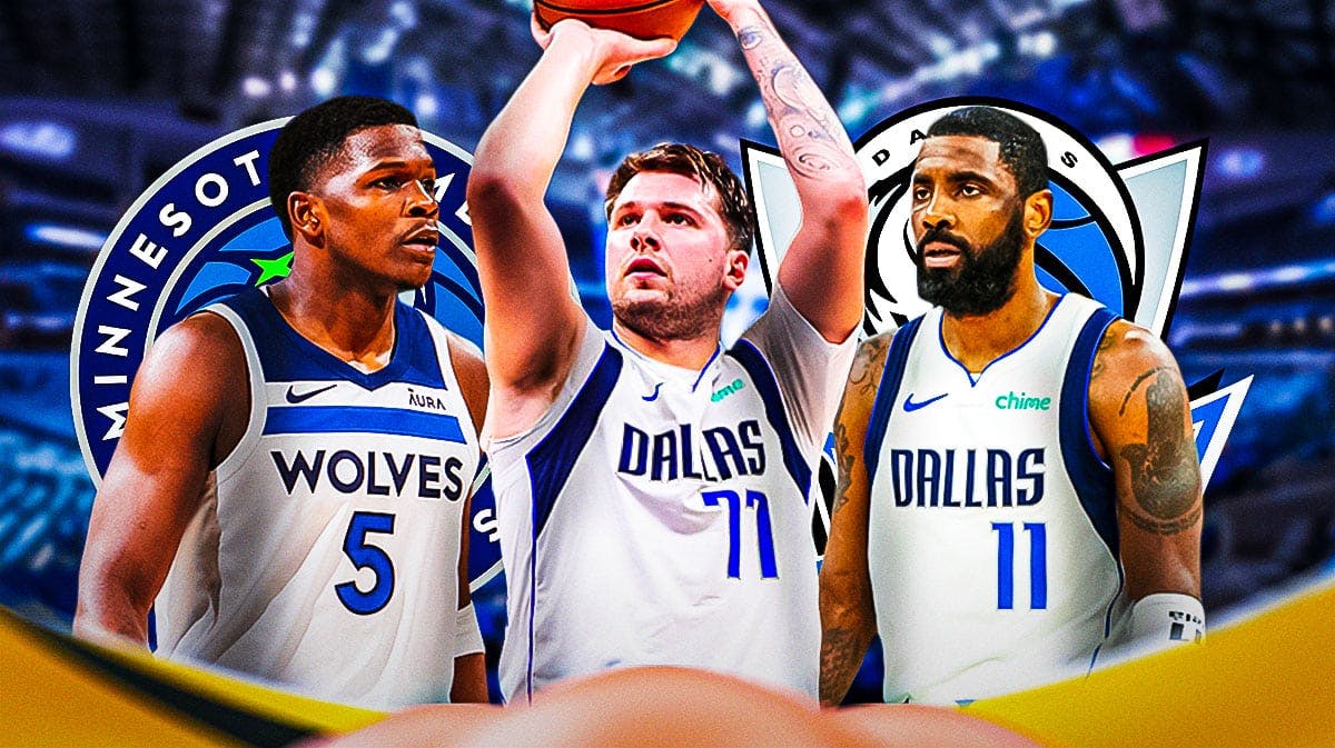 Luka Doncic in front shooting a basketball. Anthony Edwards on left, Kyrie Irving on right. In background, need Mavericks and Timberwolves logos.