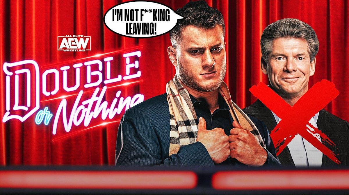 A fired up MJF with a text bubble reading "I'm not f**king leaving!" next to a crossed-out Vince McMahon with the AEW Double or Nothing logo as the background.