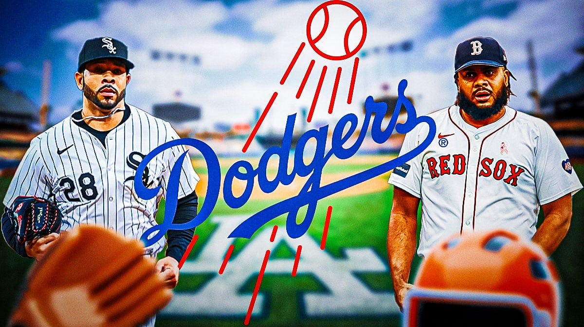 LA Dodgers logo in the middle, Red Sox player Kenley Jansen and White Sox player Tommy Pham on opposite sides of the logo.