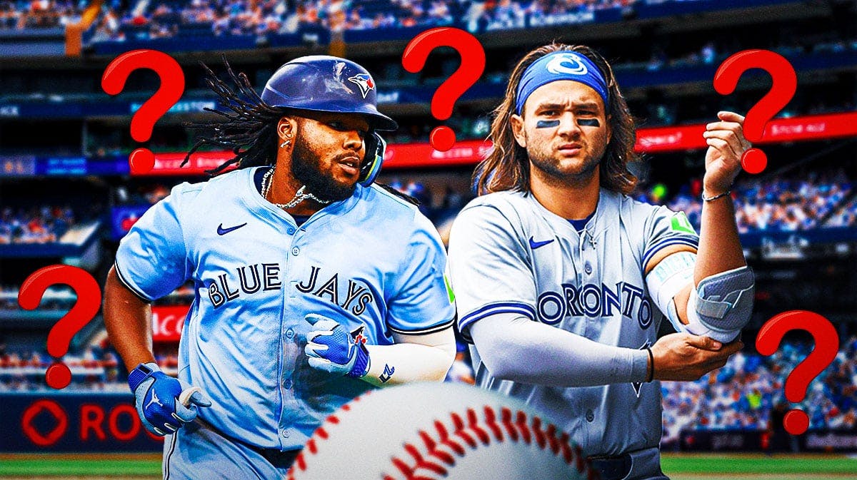 Blue Jays' Vladimir Guerrero Jr., Bo Bichette looking serious at Rogers Centre. Place question marks all around image.
